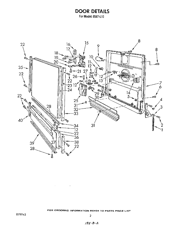 DOOR Diagram and Parts List for 8587L10  Roper Dishwasher
