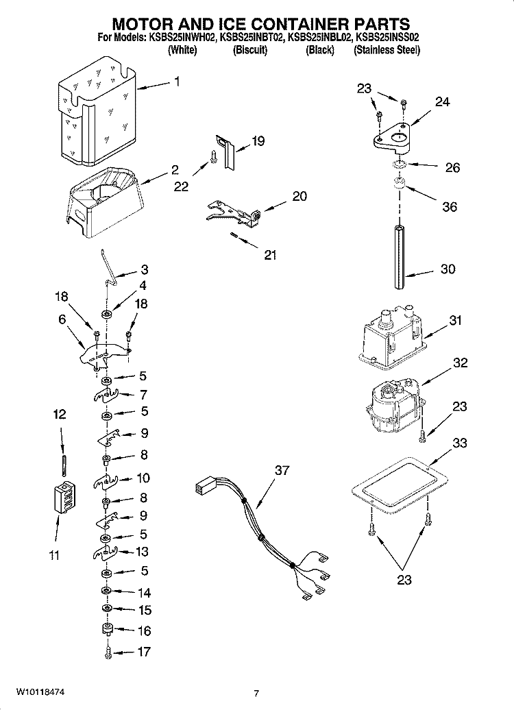 MOTOR AND ICE CONTAINER PARTS Diagram and Parts List for KSBS25INBL02  KitchenAid Refrigerator