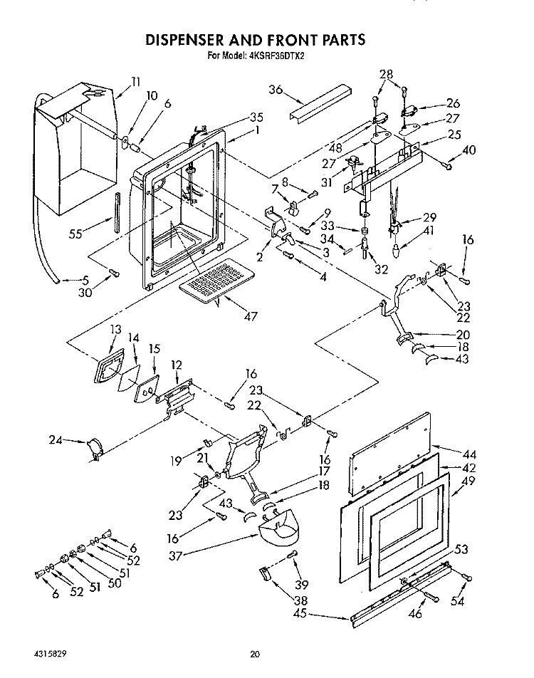 DISPENSER AND FRONT Diagram and Parts List for 4KSRF36DTX2  KitchenAid Refrigerator