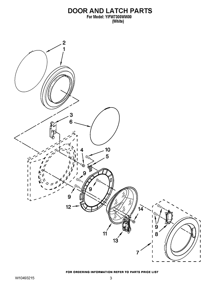 DOOR AND LATCH PARTS Diagram and Parts List for YIFW7300WW00  Inglis Washer