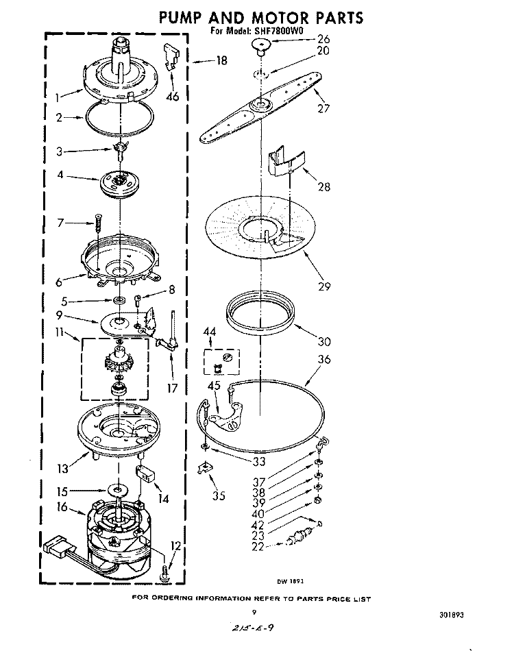 PUMP AND MOTOR Diagram and Parts List for SHF7800W0  Whirlpool Dishwasher