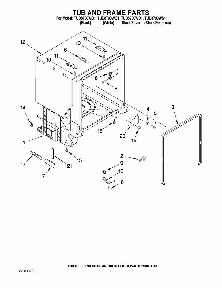 TUB AND FRAME PARTS Diagram and Parts List for TUD8700WS1  Estate Dishwasher