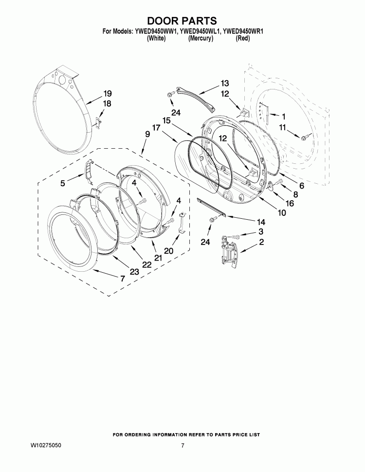 DOOR PARTS Diagram and Parts List for YWED9450WL1  Whirlpool Dryer