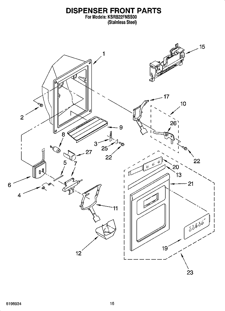 DISPENSER FRONT PARTS Diagram and Parts List for KSRB22FNSS00  KitchenAid Refrigerator