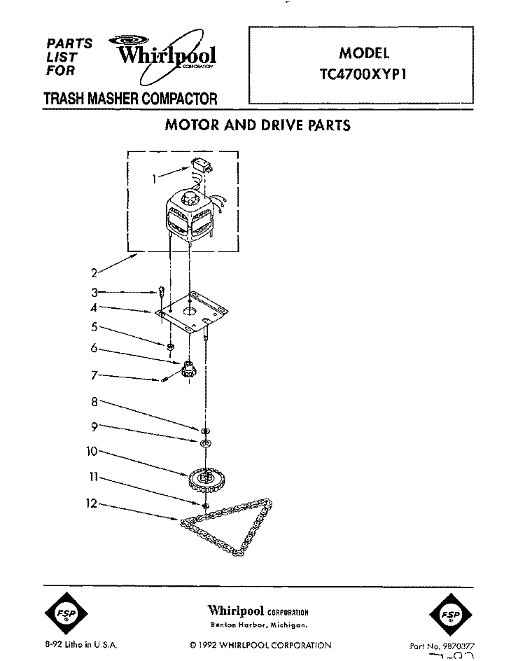 MOTOR AND DRIVE, LIT/OPTIONAL Diagram and Parts List for TC4700XYP1  Whirlpool Trash Compactor