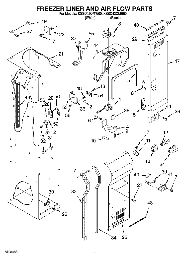 FREEZER LINER AND AIR FLOW PARTS Diagram and Parts List for KSSO42QMW00  KitchenAid Refrigerator