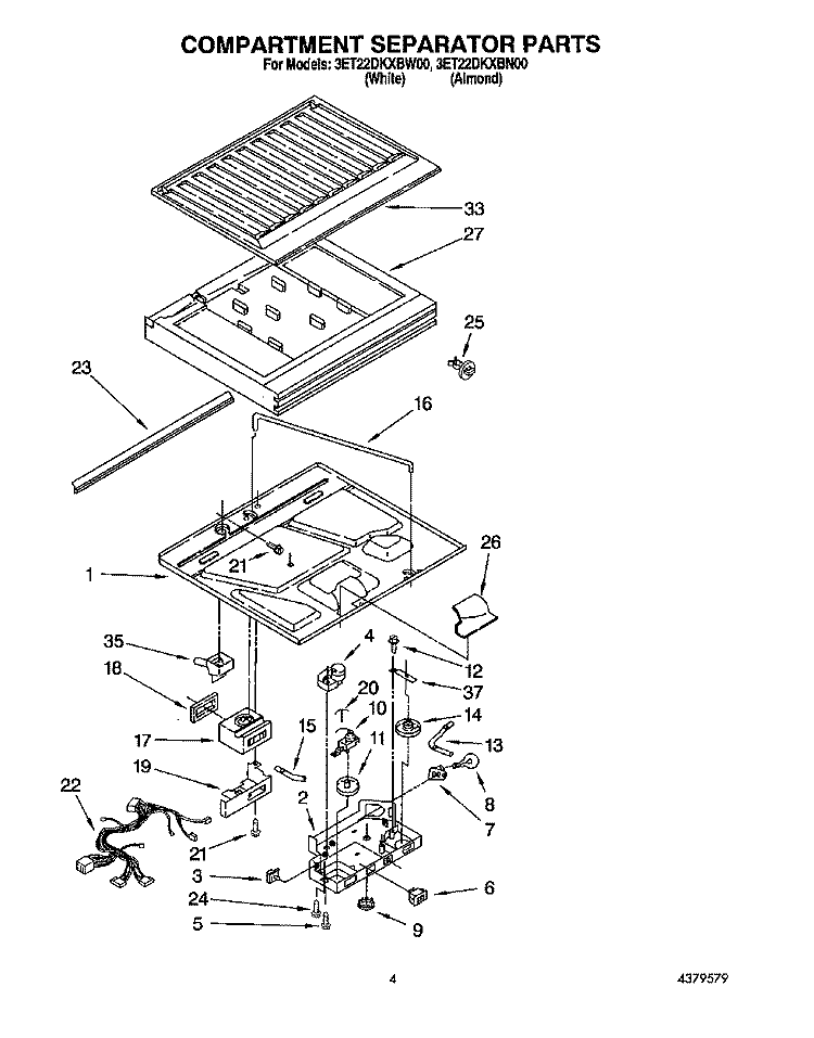 COMPARTMENT SEPARATOR Diagram and Parts List for 3ET22DKXBW00  Whirlpool Refrigerator