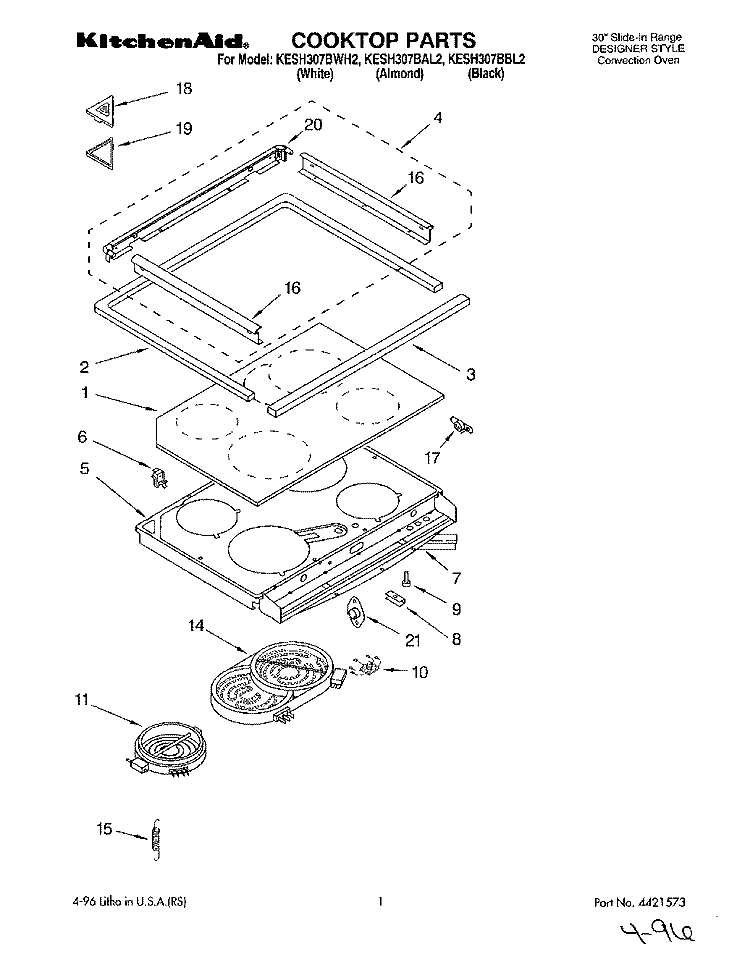 COOKTOP, LITERATURE Diagram and Parts List for KESH307BAL2  KitchenAid Range