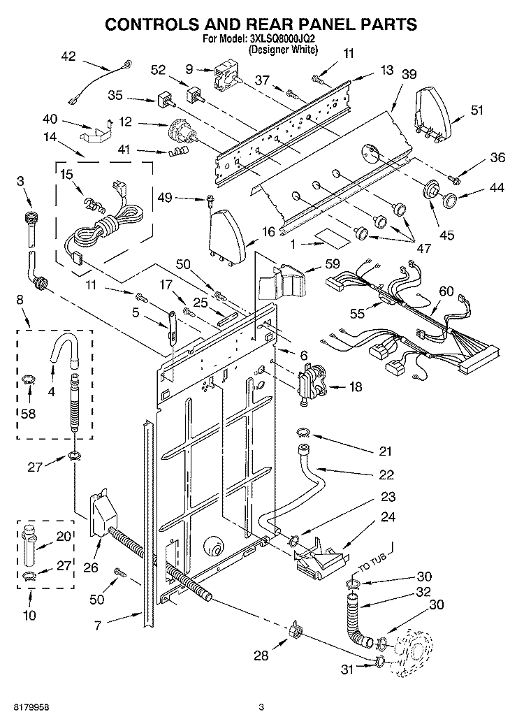 CONTROLS AND REAR PANEL PARTS Diagram and Parts List for 3XLSQ8000JQ2  Whirlpool Washer