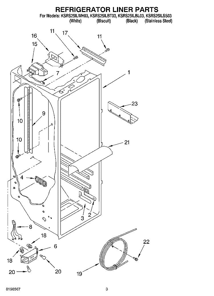 REFRIGERATOR LINER PARTS Diagram and Parts List for KSRS25ILBL03  KitchenAid Refrigerator