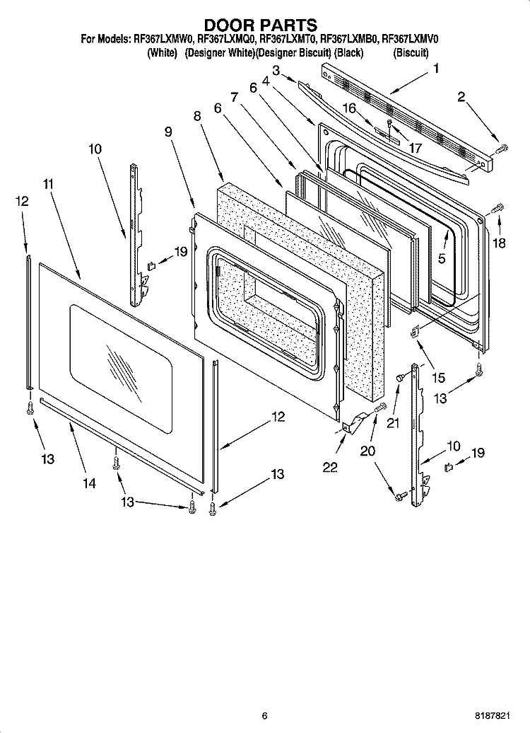DOOR PARTS, MISCELLANEOUS PARTS Diagram and Parts List for RF367LXMB0  Whirlpool Range