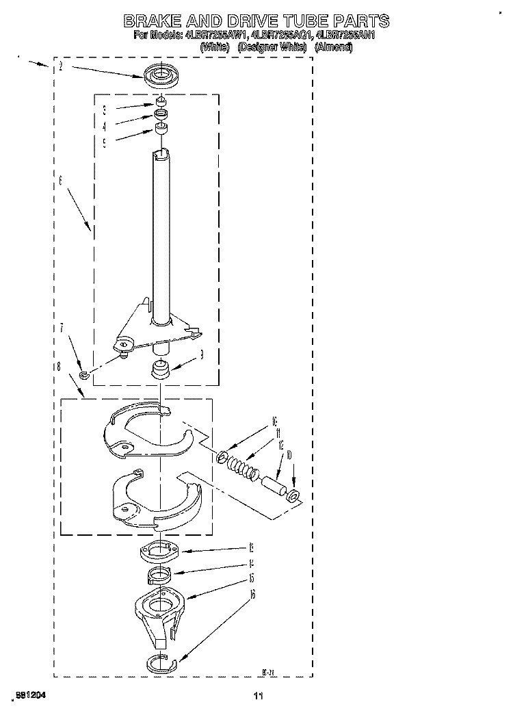 BRAKE AND DRIVE TUBE Diagram and Parts List for 4LBR7255AN1  Whirlpool Washer