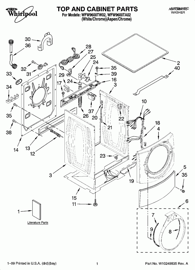 TOP AND CABINET PARTS Diagram and Parts List for WFW9600TW02  Whirlpool Washer