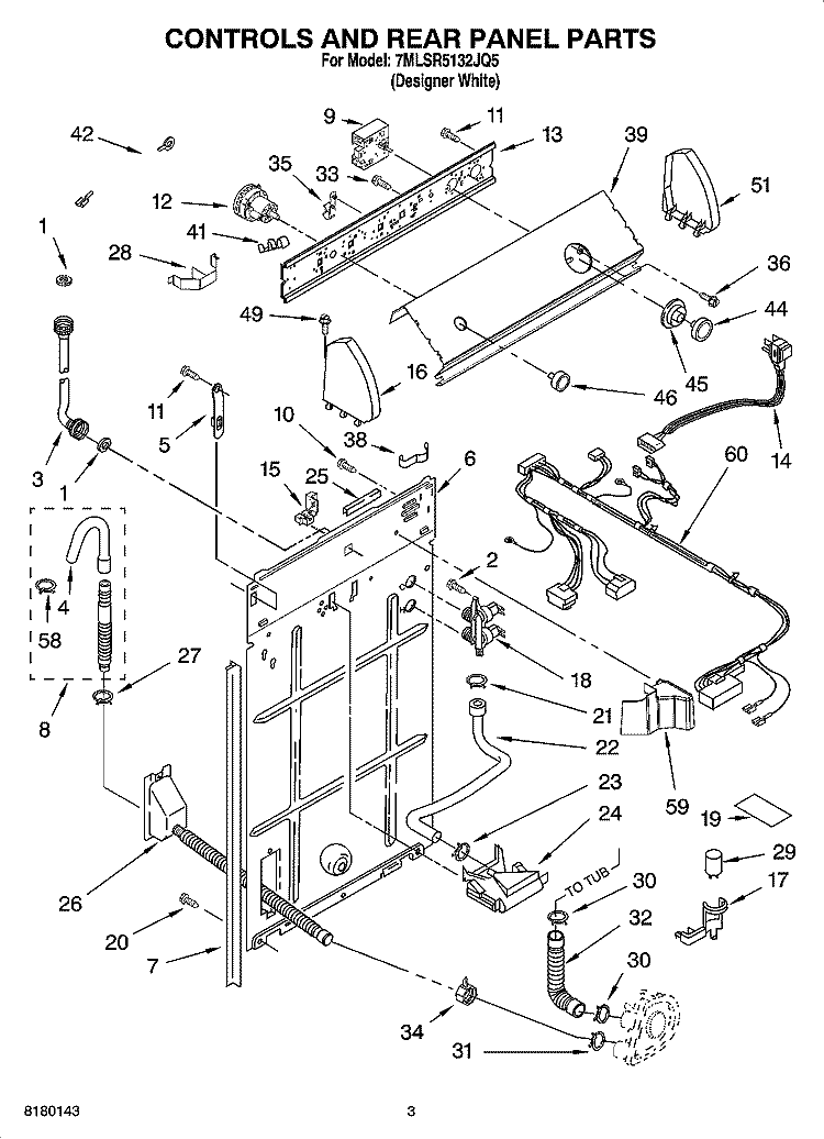 CONTROLS AND REAR PANEL PARTS Diagram and Parts List for 7MLSR5132JQ5  Whirlpool Washer