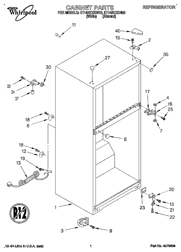 CABINET Diagram and Parts List for ET14NKXDN00  Whirlpool Refrigerator
