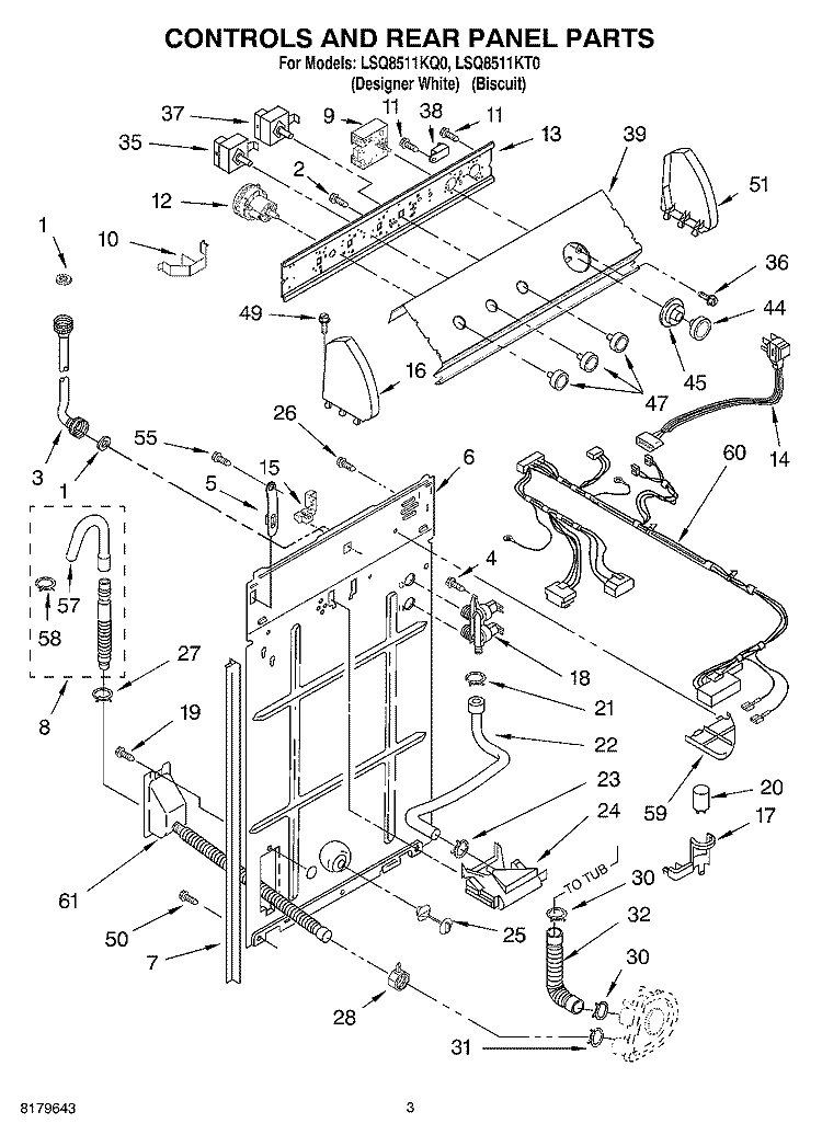 CONTROLS AND REAR PANEL Diagram and Parts List for LSQ8511KQ0  Whirlpool Washer