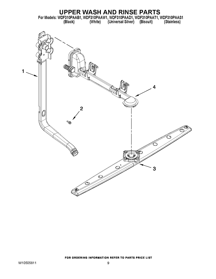 UPPER WASH AND RINSE PARTS Diagram and Parts List for WDF310PAAT1  Whirlpool Dishwasher