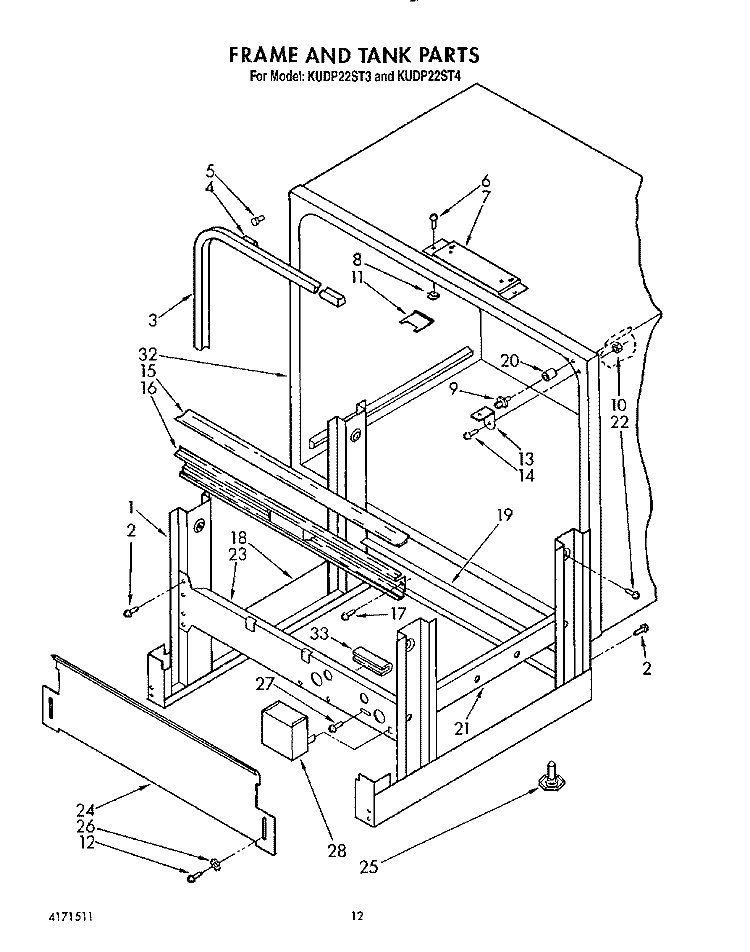 FRAME AND TANK Diagram and Parts List for KUDP22ST4  KitchenAid Dishwasher