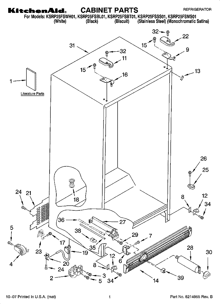 CABINET PARTS Diagram and Parts List for KSRP25FSSS01  KitchenAid Refrigerator