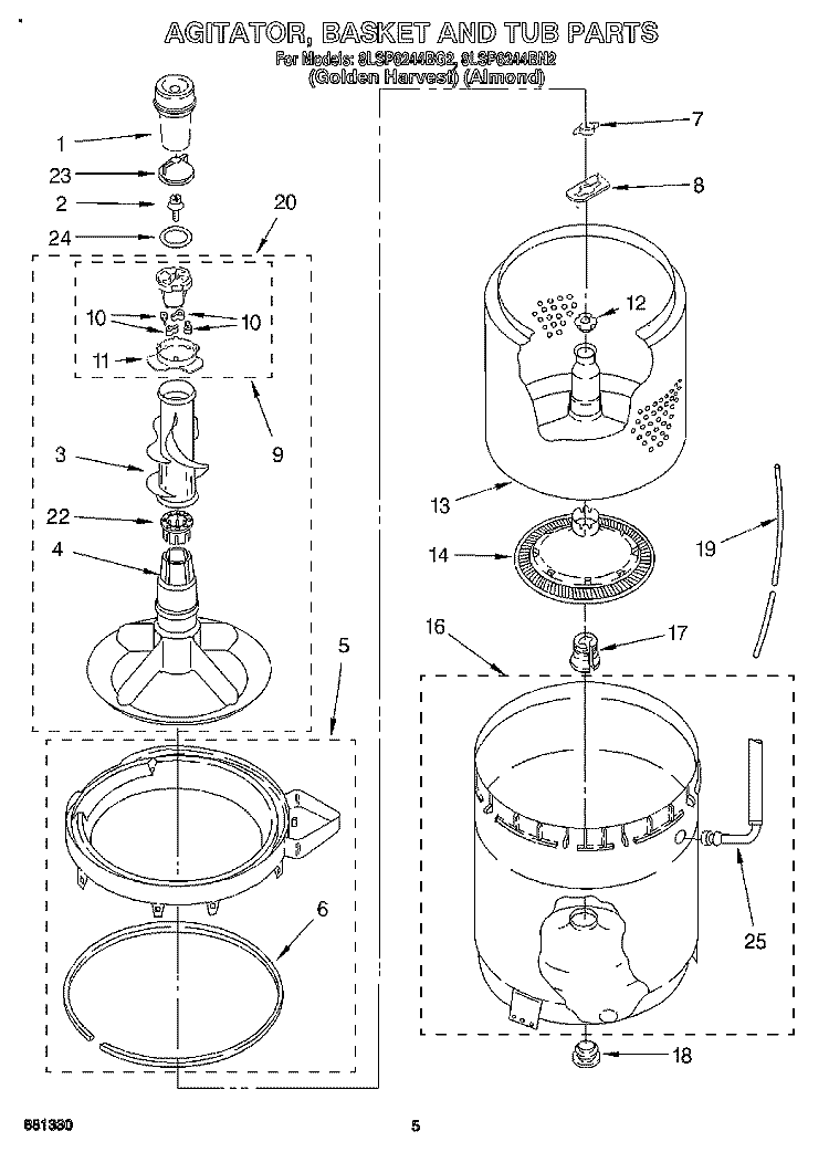 AGITATOR, BASKET AND TUB Diagram and Parts List for 8LSP6244BG2  Whirlpool Washer