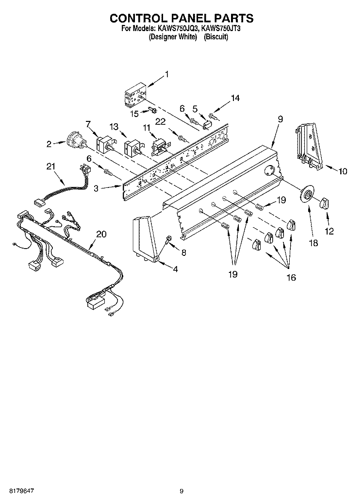 CONTROL PANEL Diagram and Parts List for KAWS750JQ3  KitchenAid Washer