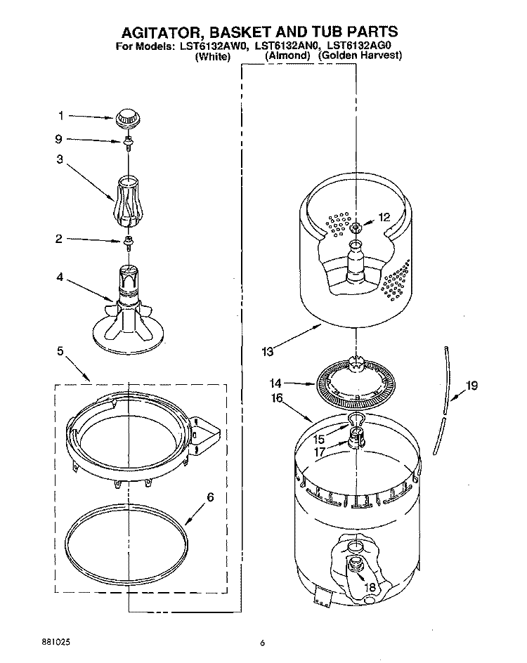 AGITATOR, BASKET AND TUB Diagram and Parts List for LST6132AG0  Whirlpool Washer
