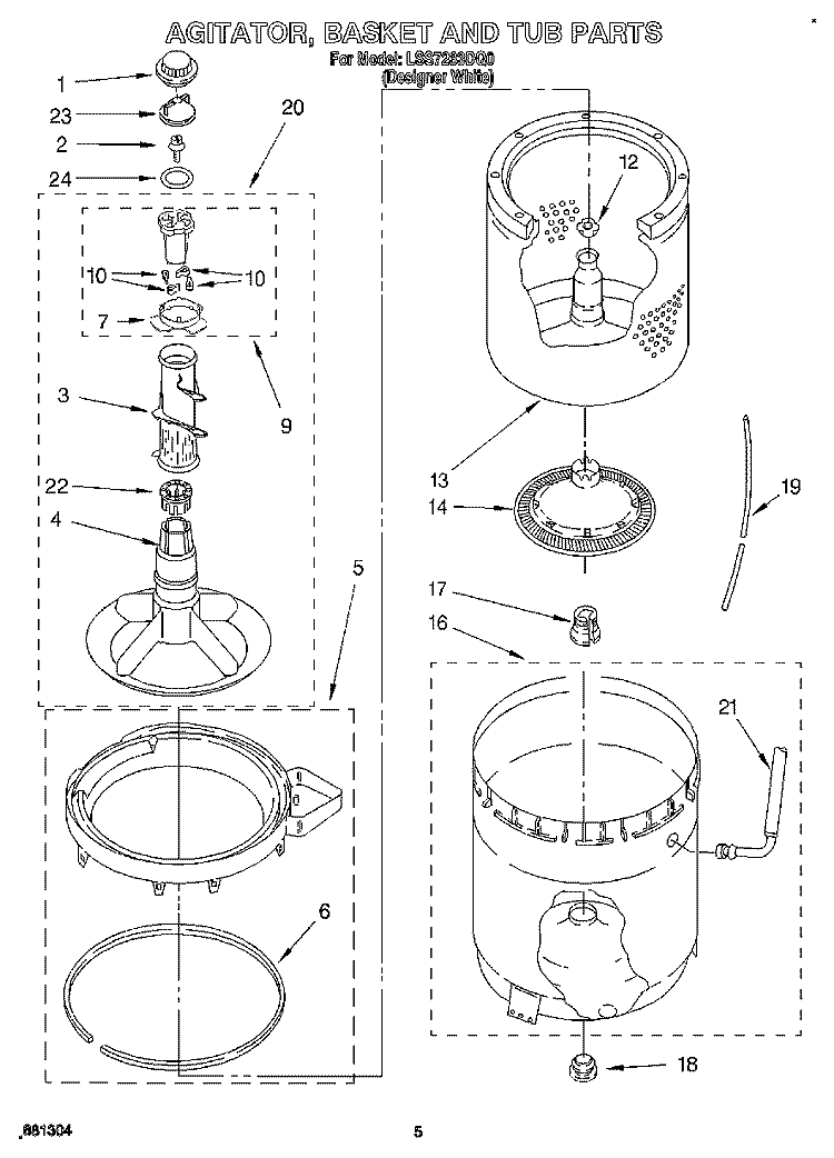 AGITATOR, BASKET AND TUB Diagram and Parts List for LSS7233DQ0  Whirlpool Washer