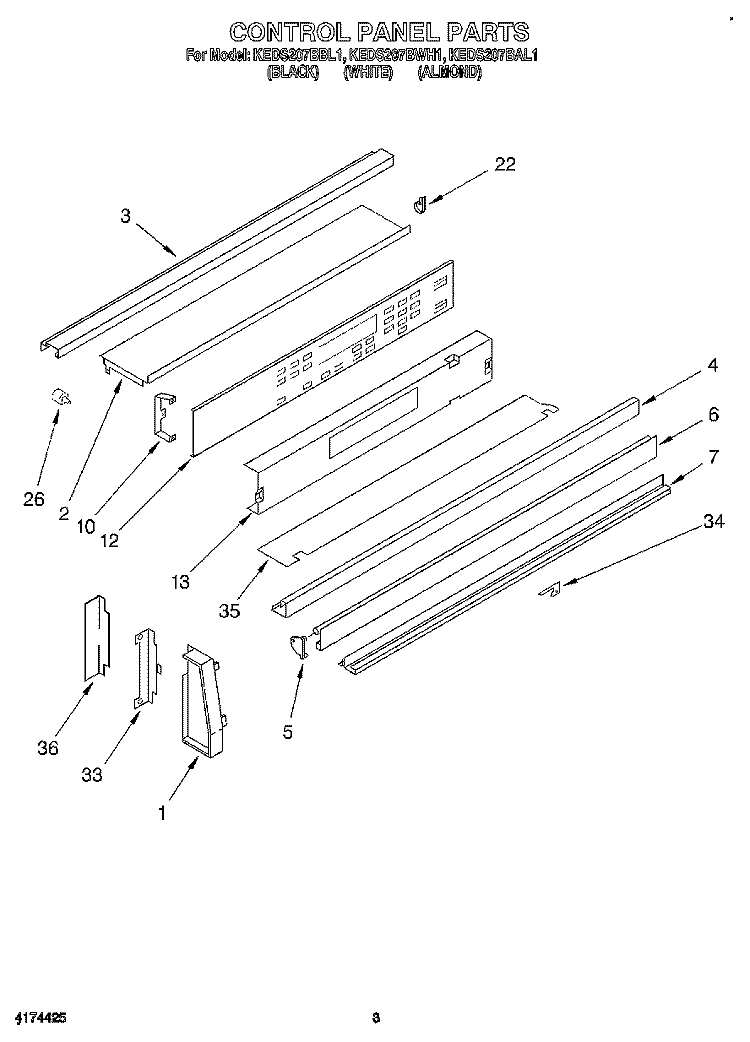 CONTROL PANEL, OPTIONAL Diagram and Parts List for KEDS207BWH1  KitchenAid Range