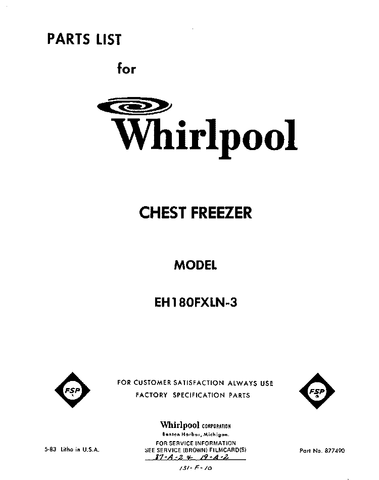 SECTION Diagram and Parts List for EH180FXLN3  Whirlpool Freezer