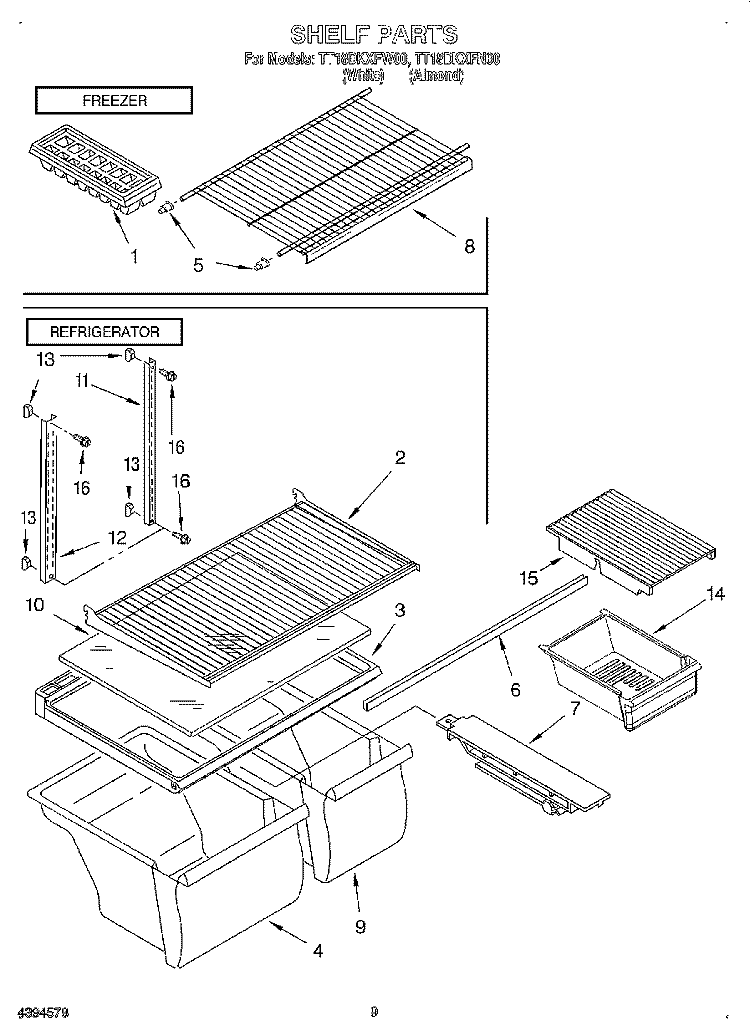 SHELF, LIT/OPTIONAL Diagram and Parts List for TT18DKXFW00  Whirlpool Refrigerator