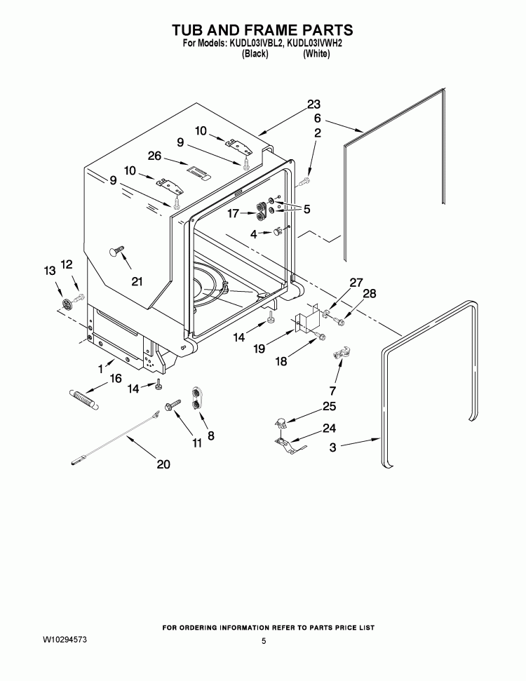 TUB AND FRAME PARTS Diagram and Parts List for KUDL03IVWH2  KitchenAid Dishwasher