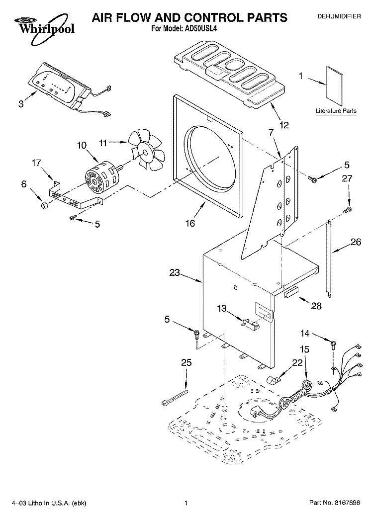 AIR FLOW AND CONTROL PARTS Diagram and Parts List for AD50USL4  Whirlpool Dehumidifier