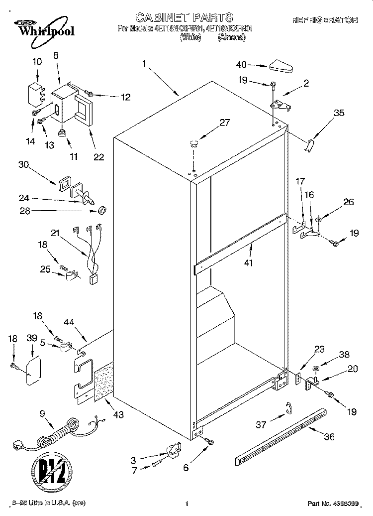 CABINET Diagram and Parts List for 4ET18NKXFN01  Whirlpool Refrigerator
