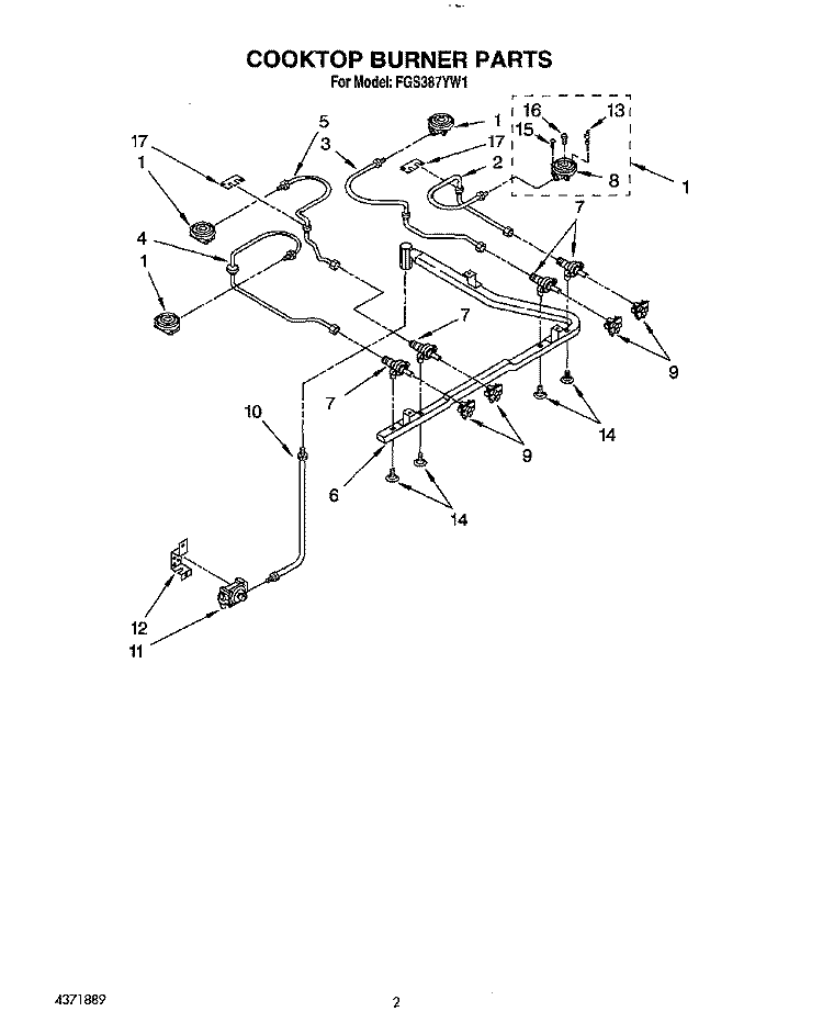 COOKTOP BURNER Diagram and Parts List for FGS387YW1  Roper Range