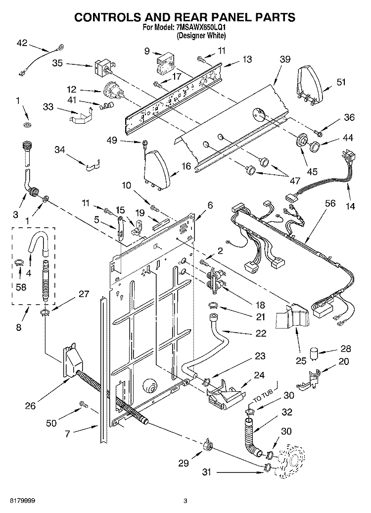 CONTROL AND REAR PANEL PARTS Diagram and Parts List for 7MSAWX650LQ1  Whirlpool Washer