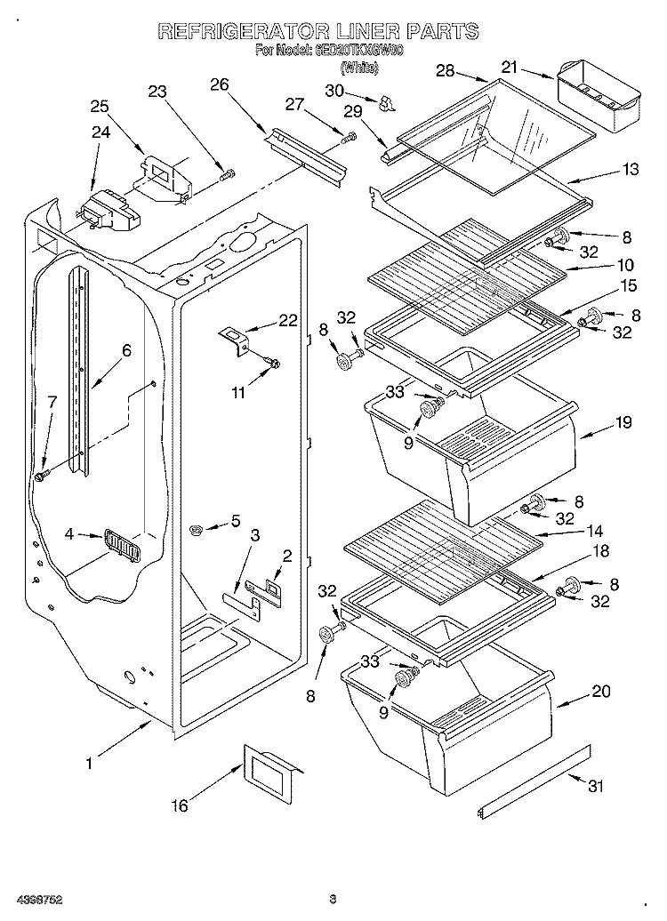 REFRIGERATOR LINER Diagram and Parts List for 6ED20TKXGW00  Whirlpool Refrigerator