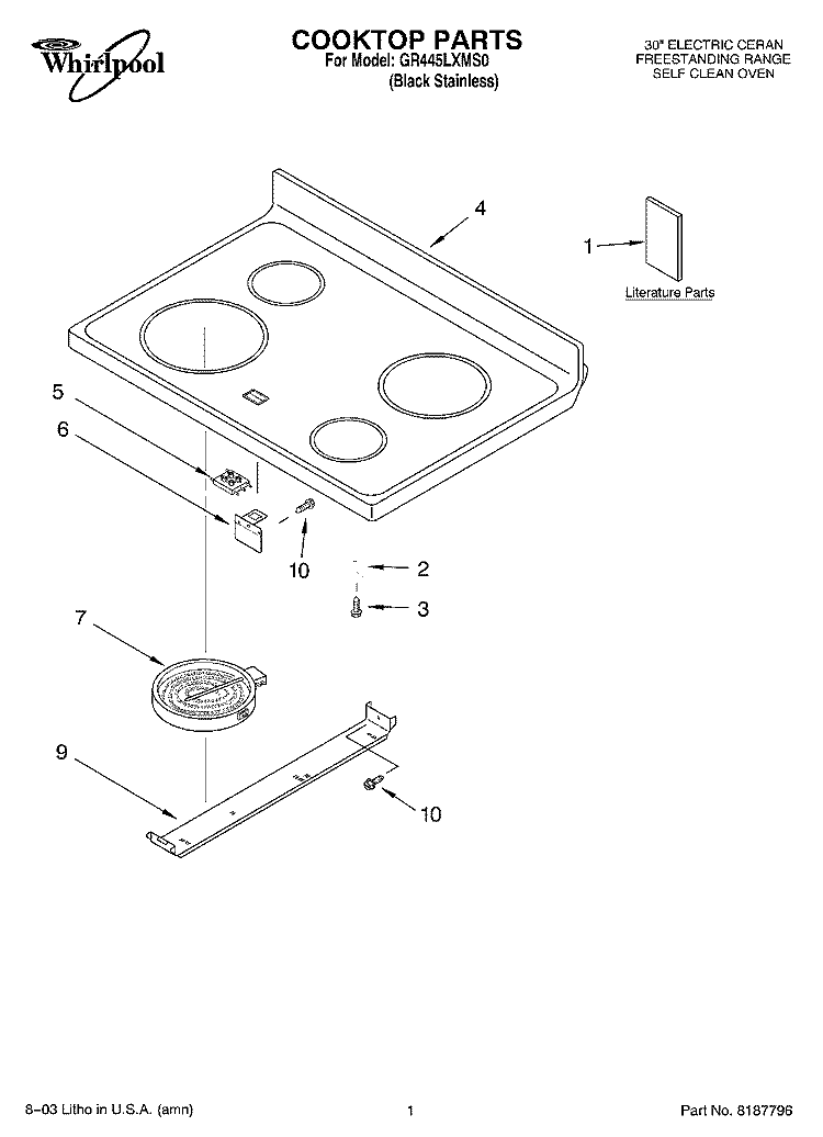 COOKTOP PARTS Diagram and Parts List for GR445LXMS0  Whirlpool Range