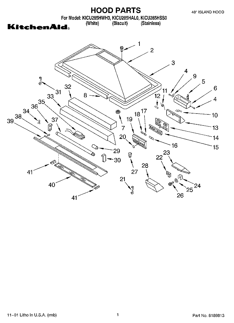SECTION Diagram and Parts List for KICU285HWH0  KitchenAid Range Hood
