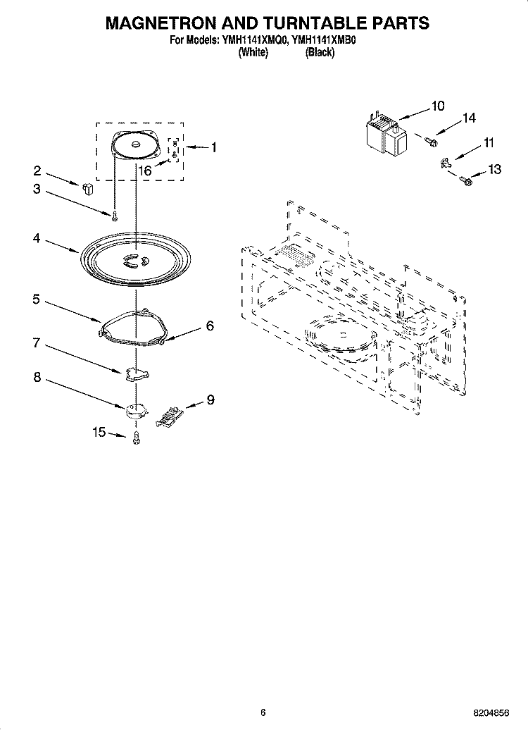 MAGNETRON AND TURNTABLE PARTS Diagram and Parts List for YMH1141XMB0  Whirlpool Microwave