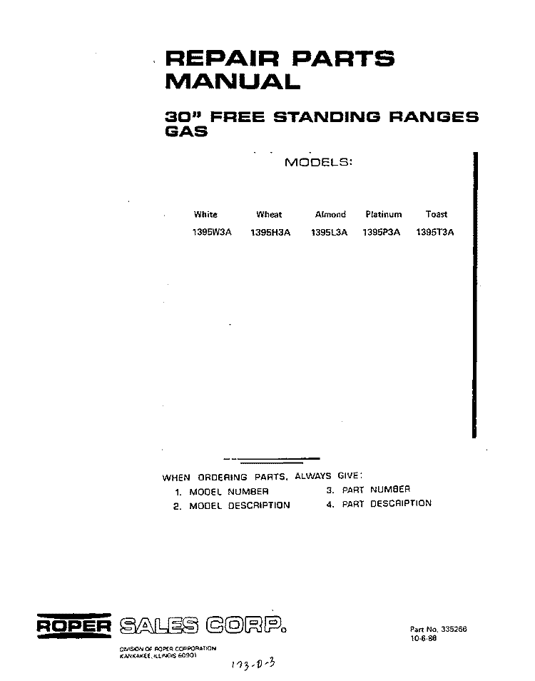 BACKGUARD Diagram and Parts List for 1395W3A  Roper Range