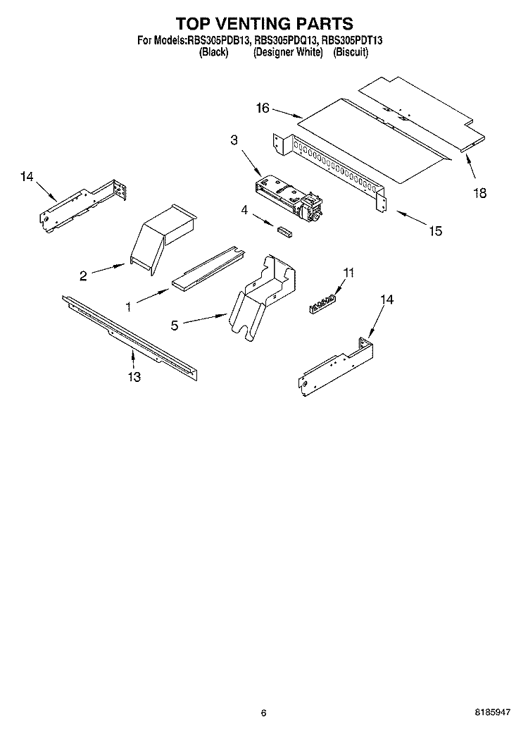 TOP VENTING, OPTIONAL Diagram and Parts List for RBS305PDB13  Whirlpool Wall Oven