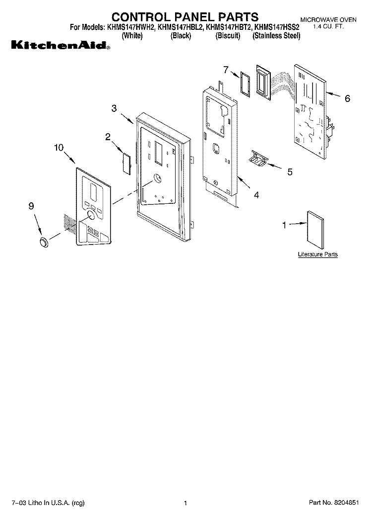 CONTROL PANEL PARTS Diagram and Parts List for KHMS147HBL2  KitchenAid Microwave