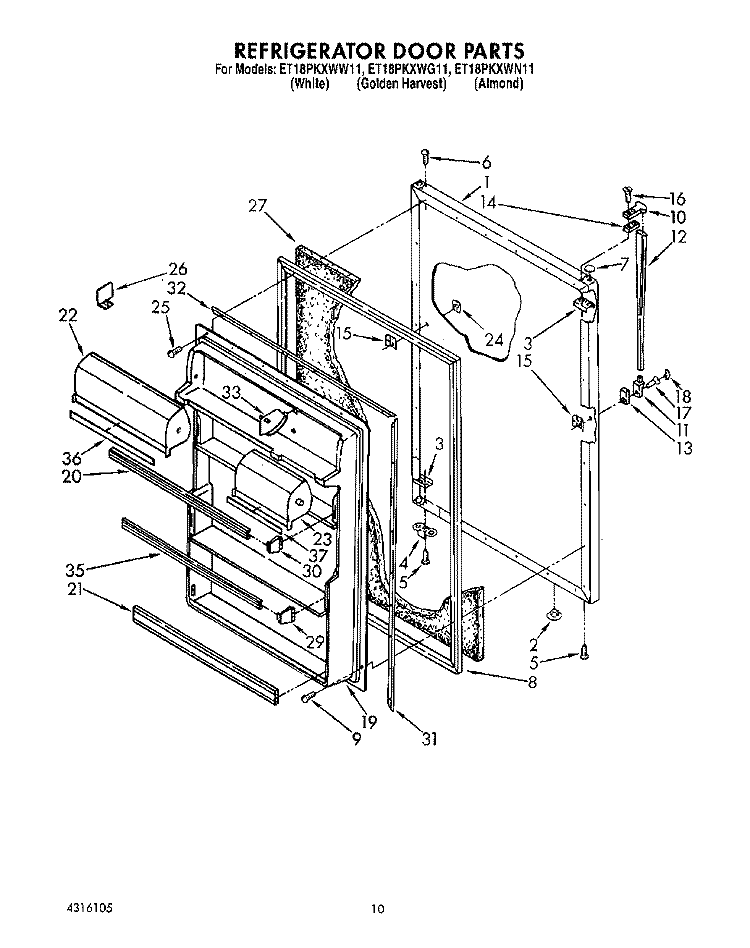 REFRIGERATOR DOOR, LIT/OPTIONAL Diagram and Parts List for ET18PKXWG11  Whirlpool Refrigerator