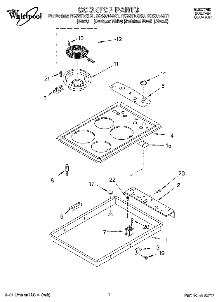SECTION Diagram and Parts List for RCS3014GB1  Whirlpool Cooktop