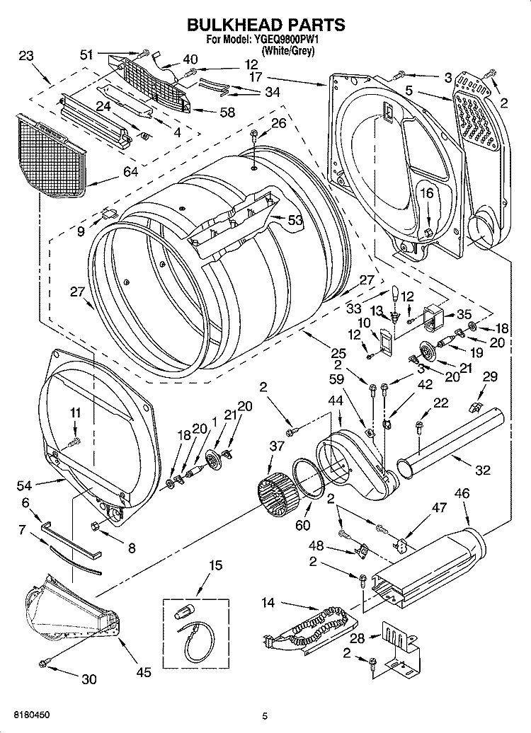 BULKHEAD PARTS Diagram and Parts List for YGEQ9800PW1  Whirlpool Dryer