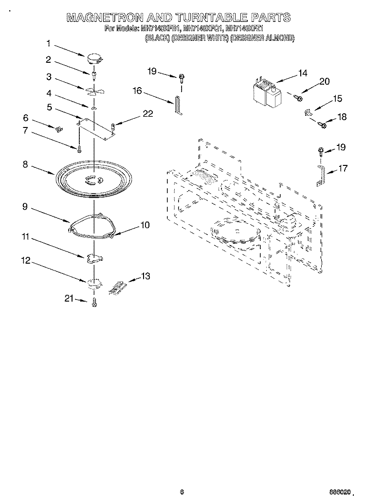 MAGNETRON AND TURNTABLE Diagram and Parts List for MH7140XFQ1  Whirlpool Microwave