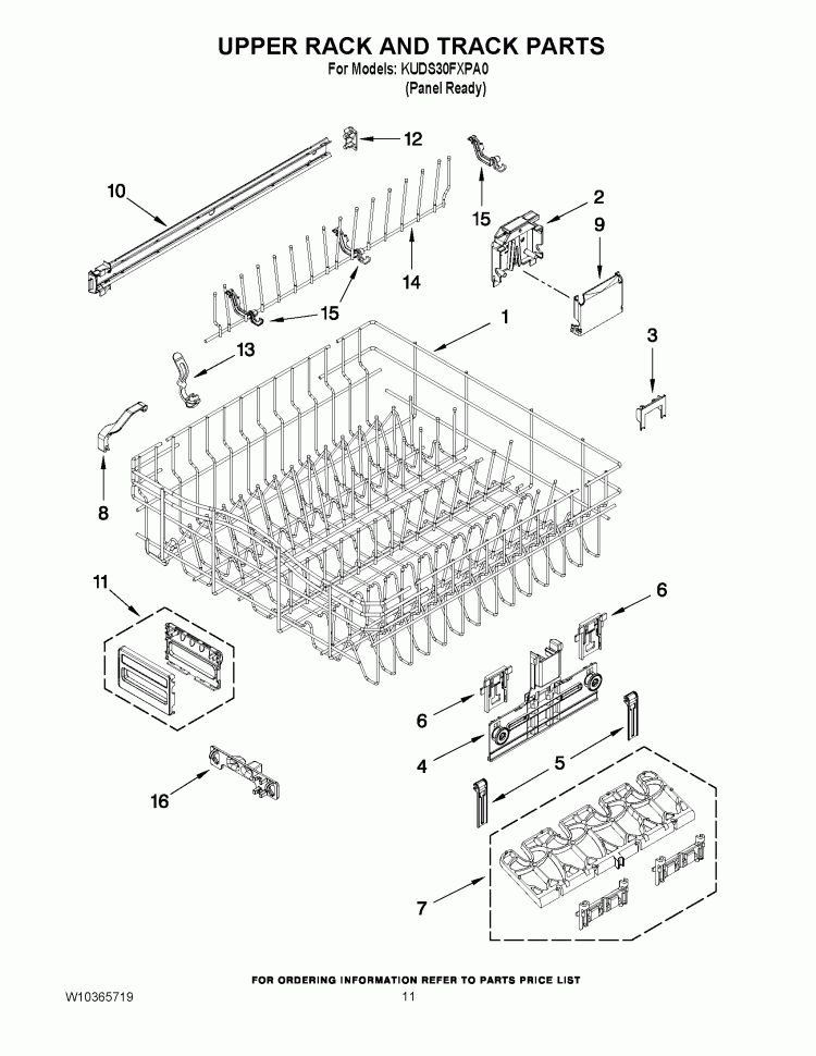 UPPER RACK AND TRACK PARTS Diagram and Parts List for KUDS30FXPA0  KitchenAid Dishwasher