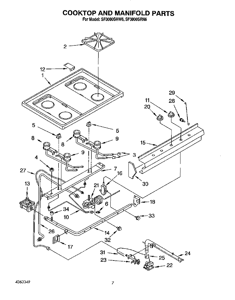 COOKTOP AND MANIFOLD, LIT/OPTIONAL Diagram and Parts List for SF3000SRN6  Whirlpool Range