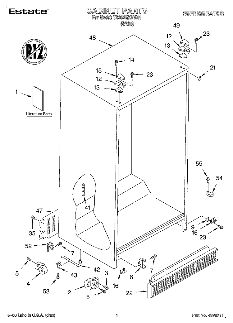 CABINET, LITERATURE Diagram and Parts List for TS25AEXHW01  Estate Refrigerator