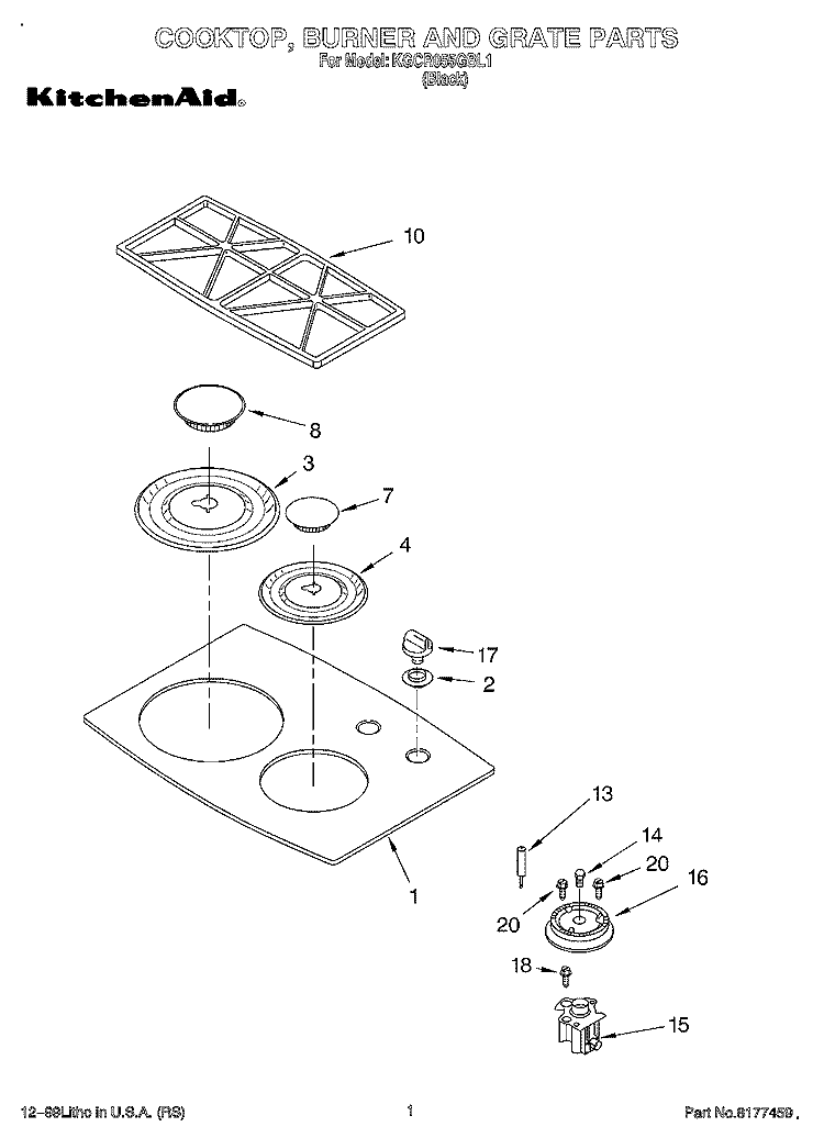 COOKTOP, BURNER AND GRATE PARTS Diagram and Parts List for KGCR055GBL1  KitchenAid Cooktop